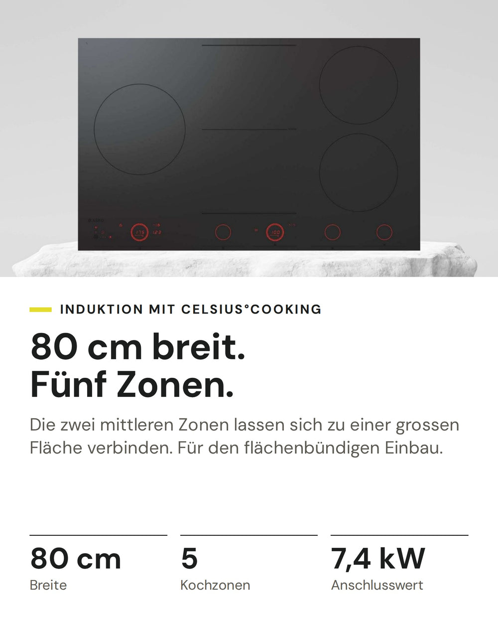 ASKO Induktionskochfeld HID 865 MFC auf einen Blick: Breite 80 cm, Kochzonen 5, Anschlusswert 7,4 kW