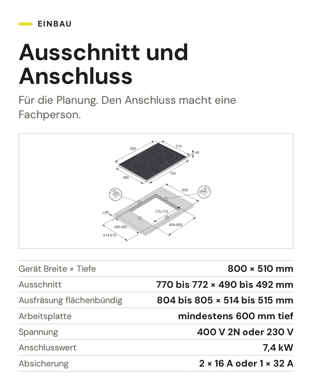 Ausschnitt und Anschluss ASKO Induktionskochfeld HID 865 MFC: Gerät Breite × Tiefe 800 × 510 mm, Ausschnitt 770 bis 772 × 490 bis 492 mm, Ausfräsung flächenbündig 804 bis 805 × 514 bis 515 mm, Arbeitsplatte mindestens 600 mm tief, Spannung 400 V 2N oder 230 V, Anschlusswert 7,4 kW, Absicherung 2 × 16 A oder 1 × 32 A