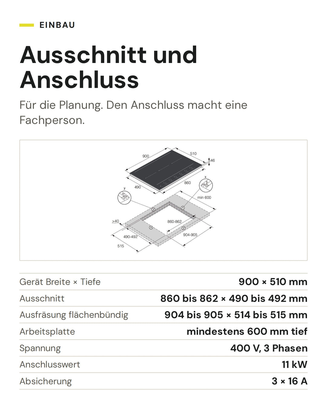 Ausschnitt und Anschluss ASKO Induktionskochfeld HID 956 MFC: Gerät Breite × Tiefe 900 × 510 mm, Ausschnitt 860 bis 862 × 490 bis 492 mm, Ausfräsung flächenbündig 904 bis 905 × 514 bis 515 mm, Arbeitsplatte mindestens 600 mm tief, Spannung 400 V, 3 Phasen, Anschlusswert 11 kW, Absicherung 3 × 16 A