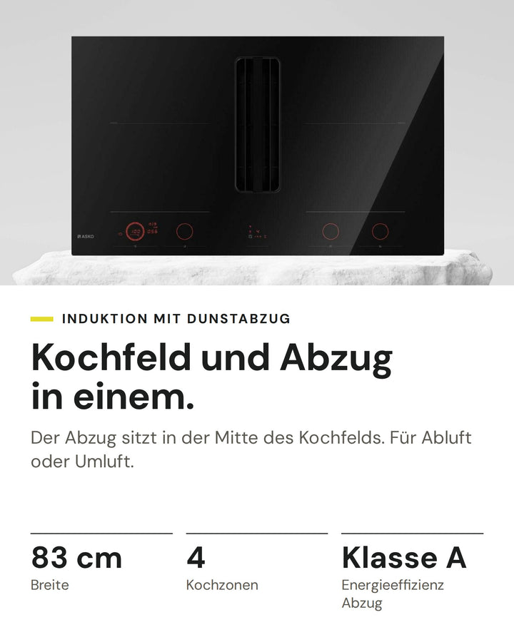 ASKO Induktionskochfeld mit Dunstabzug HIHD 854 GF auf einen Blick: Breite 83 cm, Kochzonen 4, Energieeffizienz Abzug Klasse A