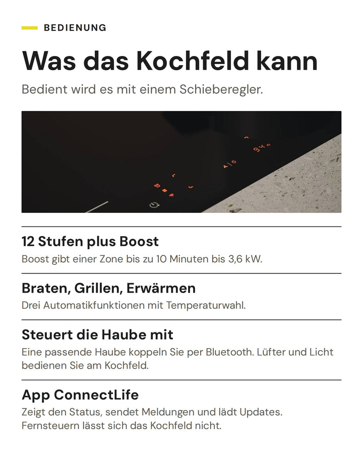 Was das Kochfeld kann: 12 Stufen plus Boost, Braten, Grillen, Erwärmen, Steuert die Haube mit, App ConnectLife