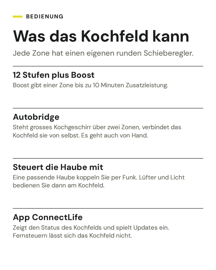 Was das Kochfeld kann: 12 Stufen plus Boost, Autobridge, Steuert die Haube mit, App ConnectLife
