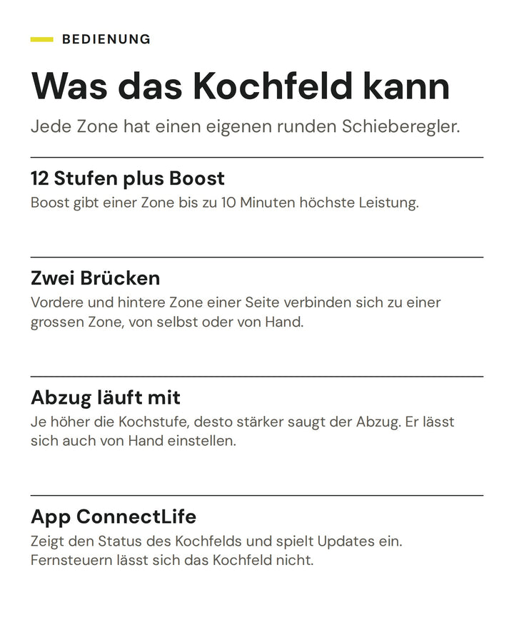 Was das Kochfeld kann: 12 Stufen plus Boost, Zwei Brücken, Abzug läuft mit, App ConnectLife