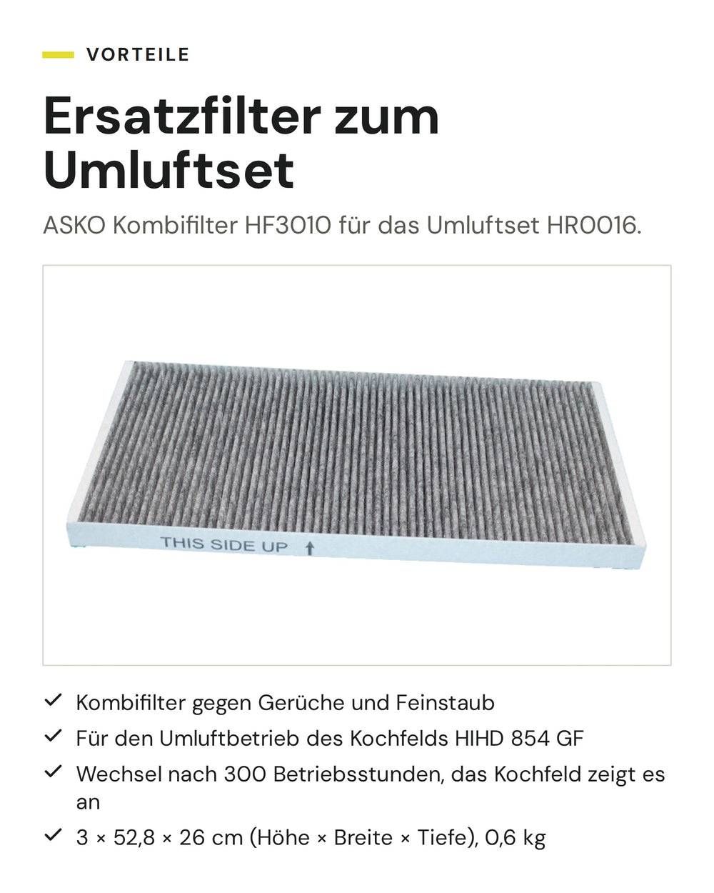 ASKO Kombifilter HF3010: Ersatzfilter zum Umluftset HR0016, gegen Gerüche und Feinstaub, Wechsel nach 300 Betriebsstunden