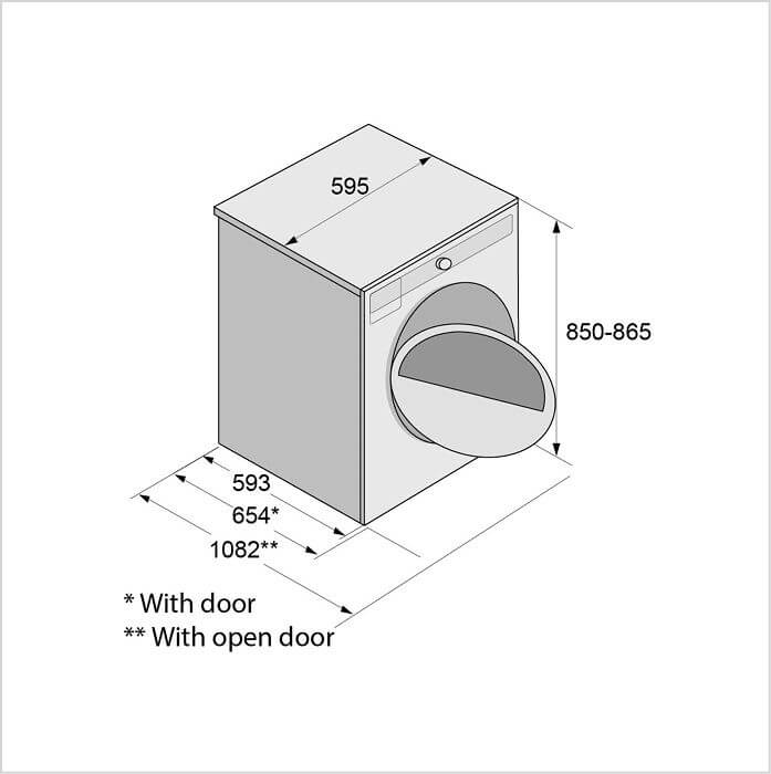Masszeichnung ASKO Wäschetrockner TDC 1781H W/1, Breite 595, Tiefe 593 (mit Tür 654, Tür offen 1082), Höhe 850 bis 865 mm
