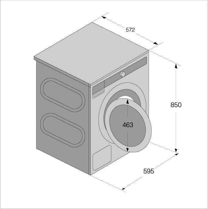 Masszeichnung ASKO Waschmaschine, Breite 595, Tiefe 572, Höhe 850 mm