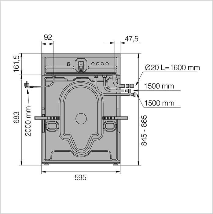Masszeichnung ASKO Waschmaschine WMC 6743PB T, Rückansicht mit Anschlüssen, Breite 595, Höhe 845 bis 865 mm