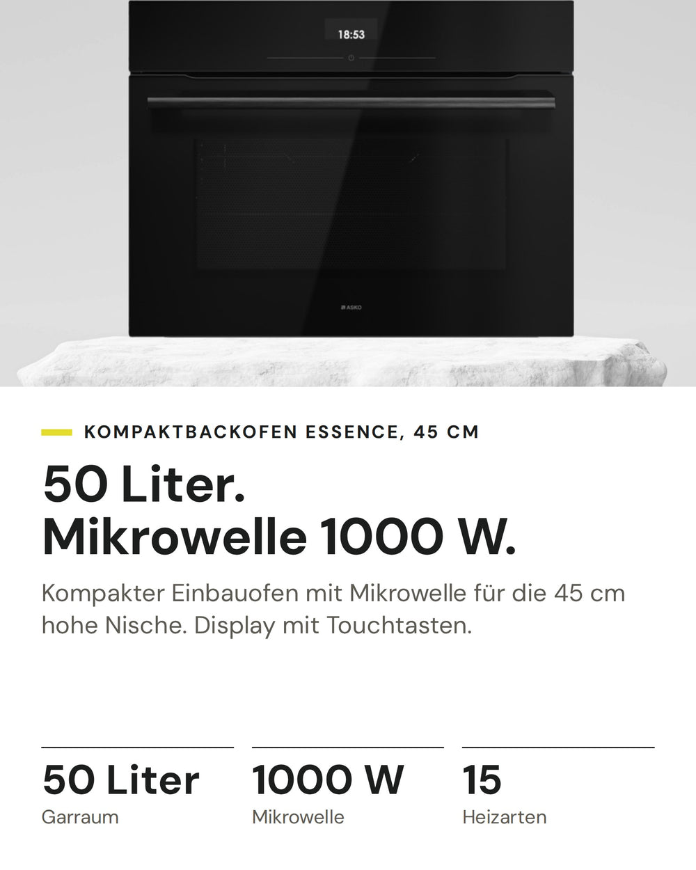 ASKO Backofen mit Mikrowelle OCM 24 BGH auf einen Blick: Garraum 50 Liter, Mikrowelle 1000 W, Heizarten 15