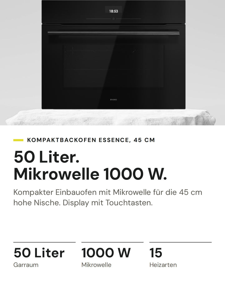 ASKO Backofen mit Mikrowelle OCM 24 BGH auf einen Blick: Garraum 50 Liter, Mikrowelle 1000 W, Heizarten 15