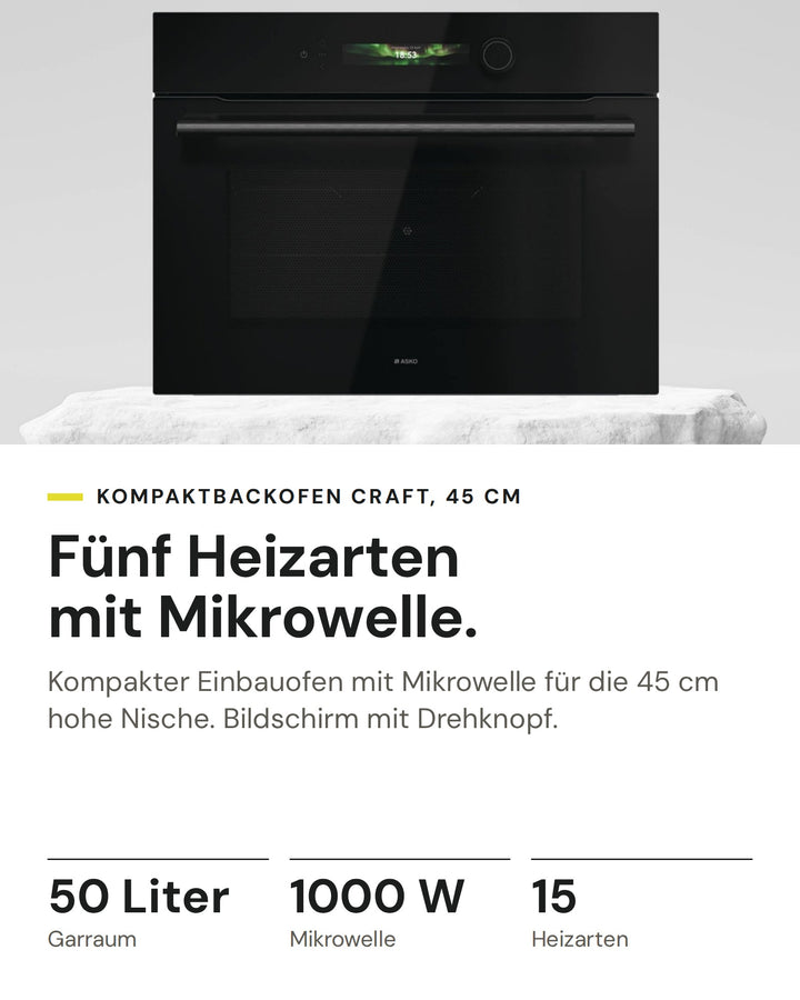 ASKO Backofen mit Mikrowelle OCM 54 BGH auf einen Blick: Garraum 50 Liter, Mikrowelle 1000 W, Heizarten 15