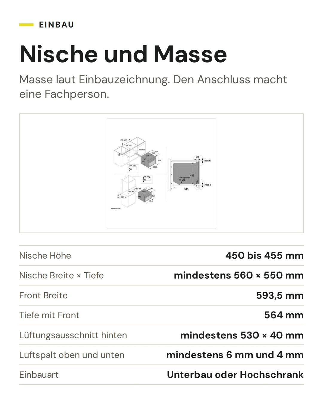 Nische und Masse ASKO Backofen mit Mikrowelle OCM 54 BGH: Nische Höhe 450 bis 455 mm, Nische Breite × Tiefe mindestens 560 × 550 mm, Front Breite 593,5 mm, Tiefe mit Front 564 mm, Lüftungsausschnitt hinten mindestens 530 × 40 mm, Luftspalt oben und unten mindestens 6 mm und 4 mm, Einbauart Unterbau oder Hochschrank