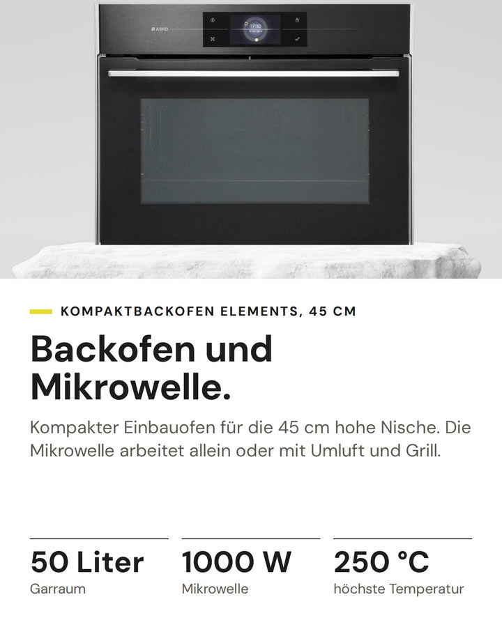 ASKO Backofen mit Mikrowelle OCM8478G auf einen Blick: Garraum 50 Liter, Mikrowelle 1000 W, höchste Temperatur 250 °C