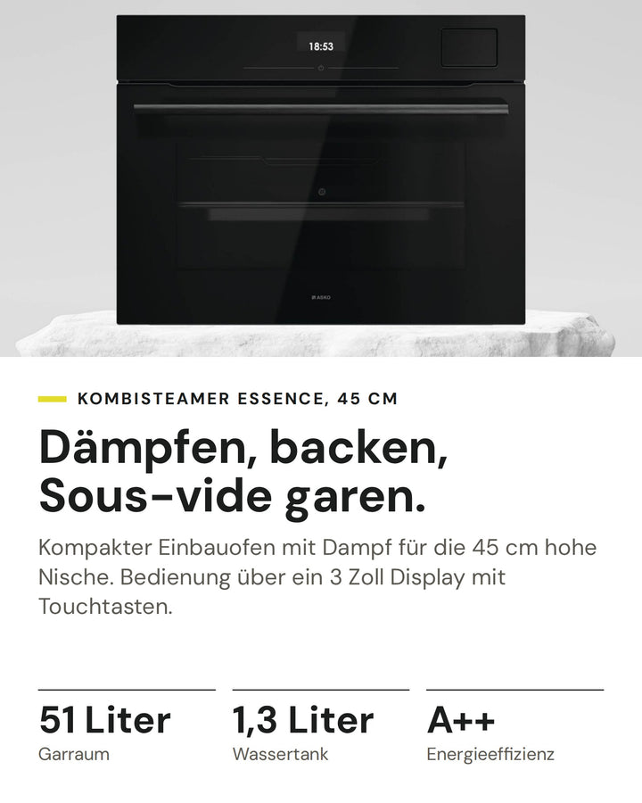 ASKO Kombisteamer OCS 24 BGH auf einen Blick: Garraum 51 Liter, Wassertank 1,3 Liter, Energieeffizienz A++