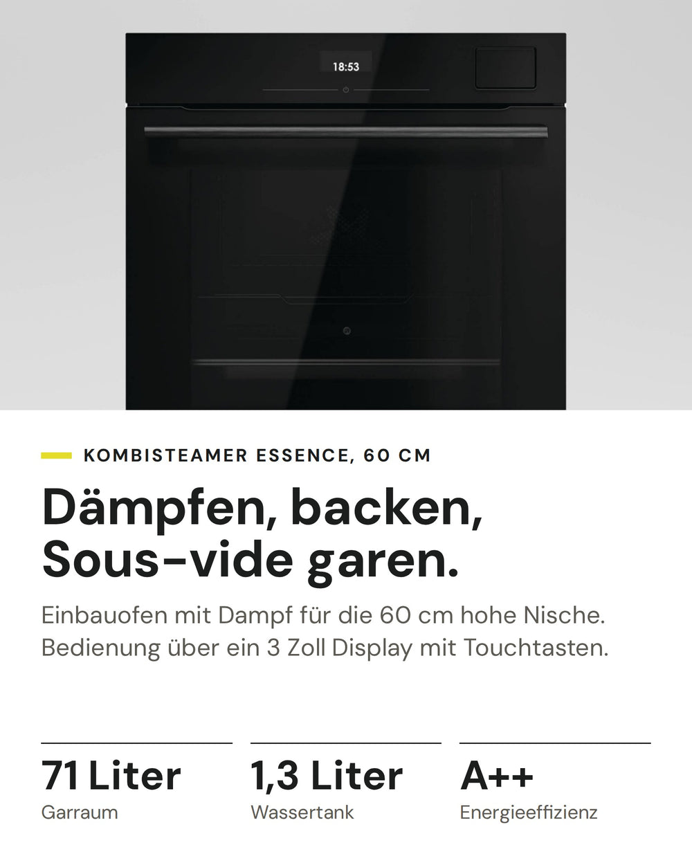 ASKO Kombisteamer OCS 26 BGH auf einen Blick: Garraum 71 Liter, Wassertank 1,3 Liter, Energieeffizienz A++