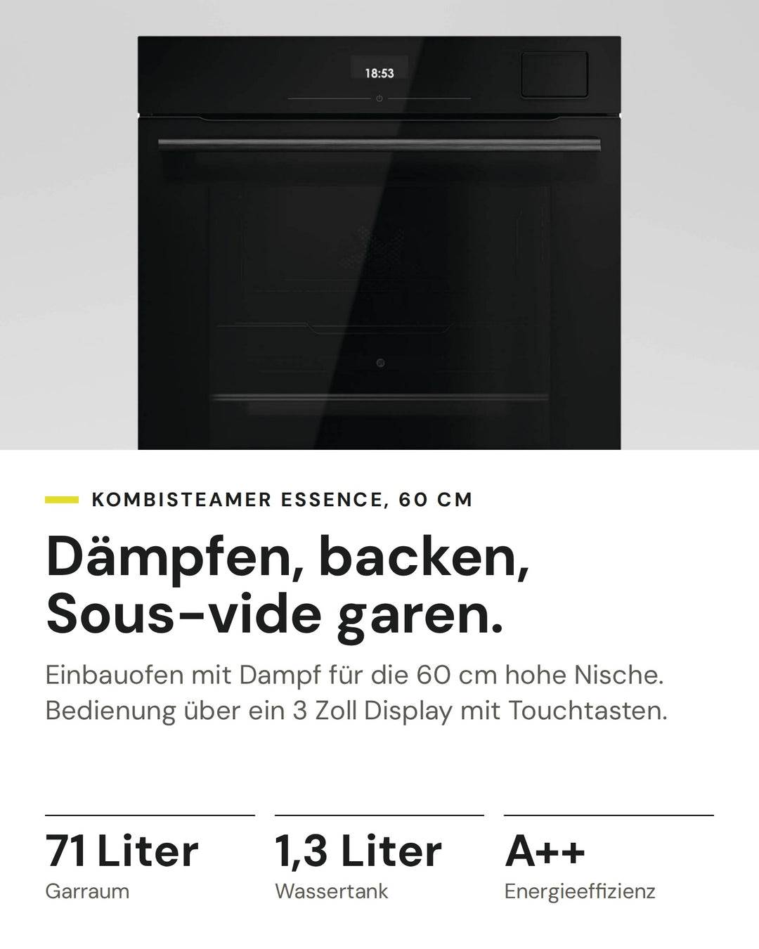 ASKO Kombisteamer OCS 26 BGH auf einen Blick: Garraum 71 Liter, Wassertank 1,3 Liter, Energieeffizienz A++