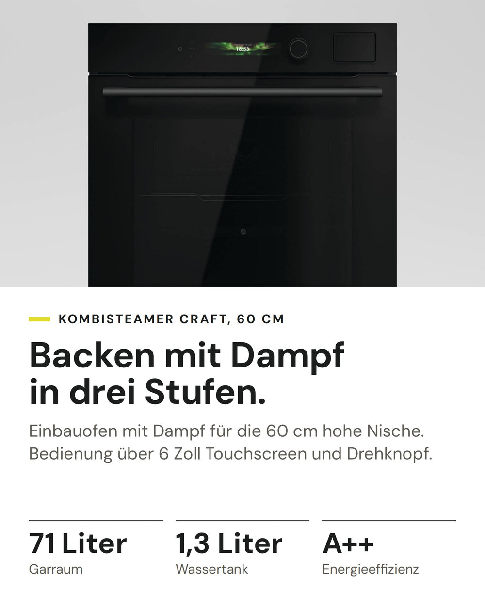 ASKO Kombisteamer OCS 56 BGH auf einen Blick: Garraum 71 Liter, Wassertank 1,3 Liter, Energieeffizienz A++