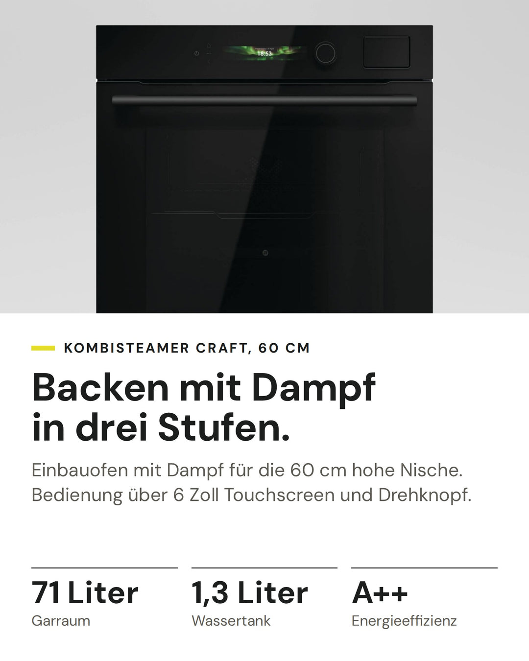 ASKO Kombisteamer OCS 56 BGH auf einen Blick: Garraum 71 Liter, Wassertank 1,3 Liter, Energieeffizienz A++