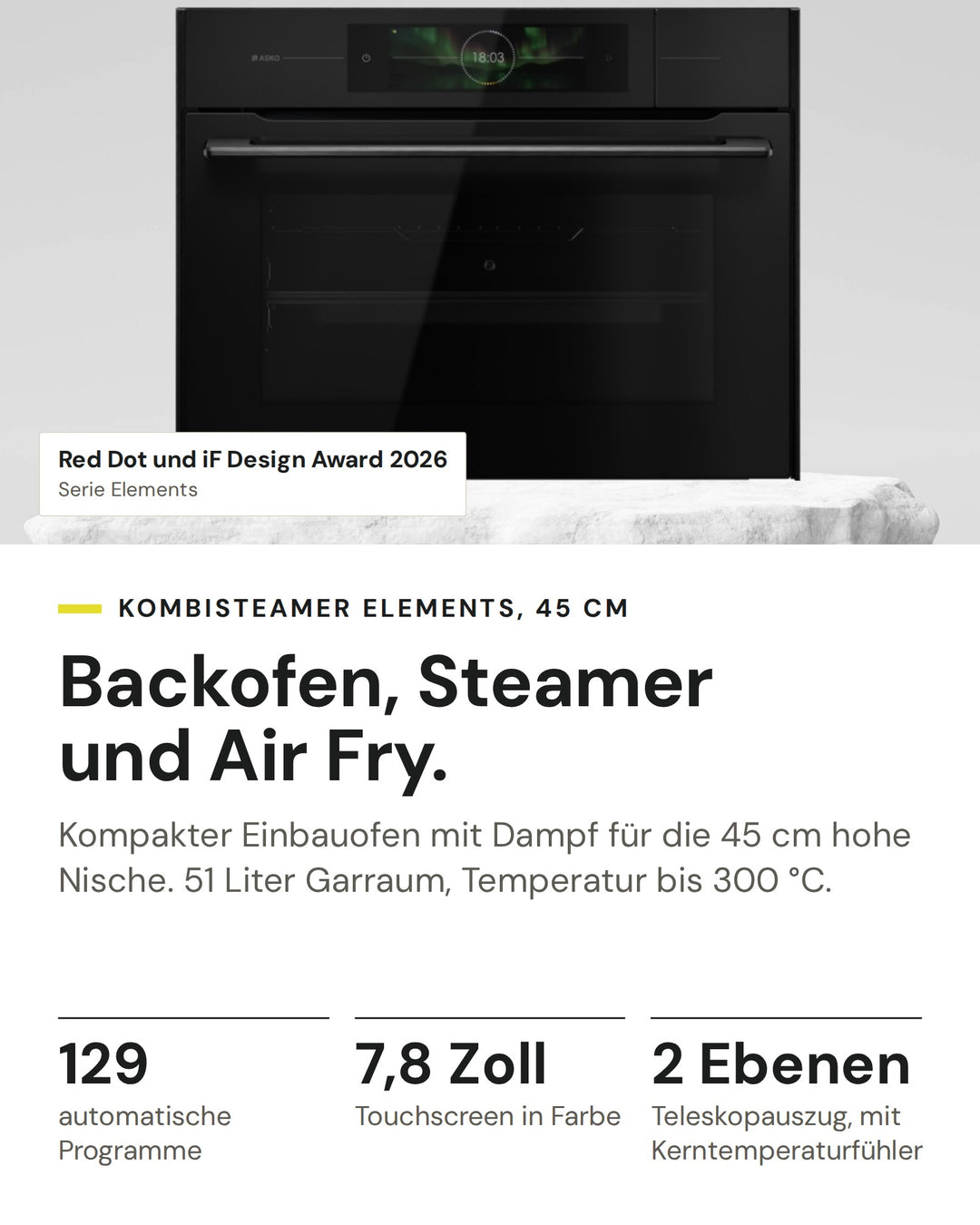 ASKO Kombisteamer OCS 84 BGH auf einen Blick: Garraum 51 Liter, Wassertank 1,3 Liter, Energieeffizienz A++