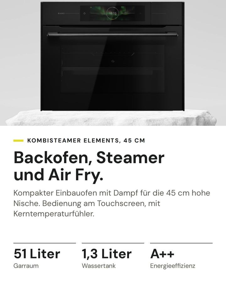 ASKO Kombisteamer OCS 84 BGH auf einen Blick: Garraum 51 Liter, Wassertank 1,3 Liter, Energieeffizienz A++