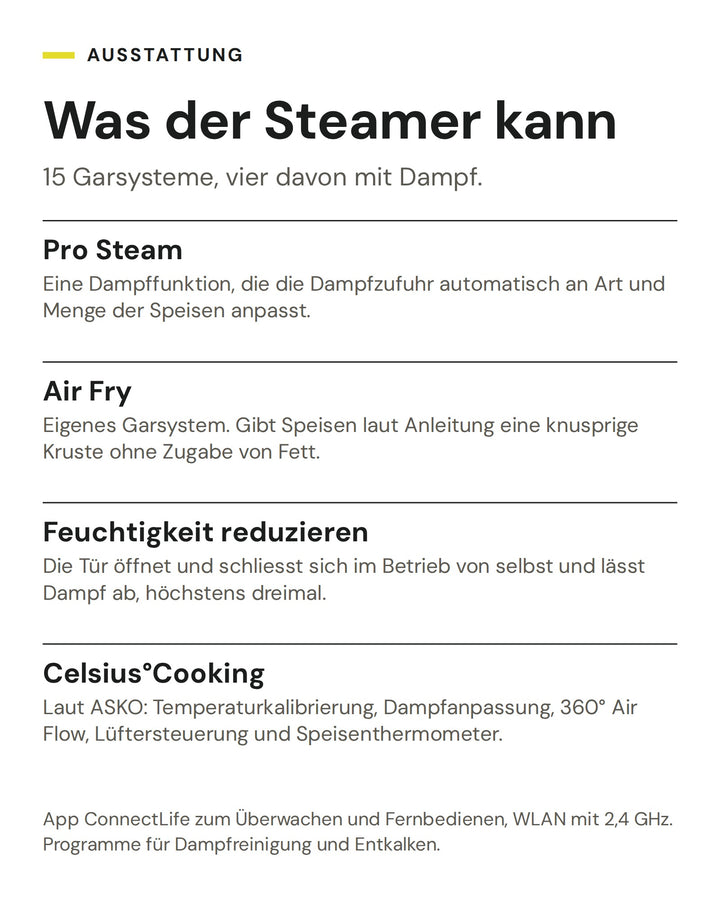 ASKO Kombisteamer OCS 84 BGH: Pro Steam, Air Fry, Feuchtigkeit reduzieren, Celsius°Cooking