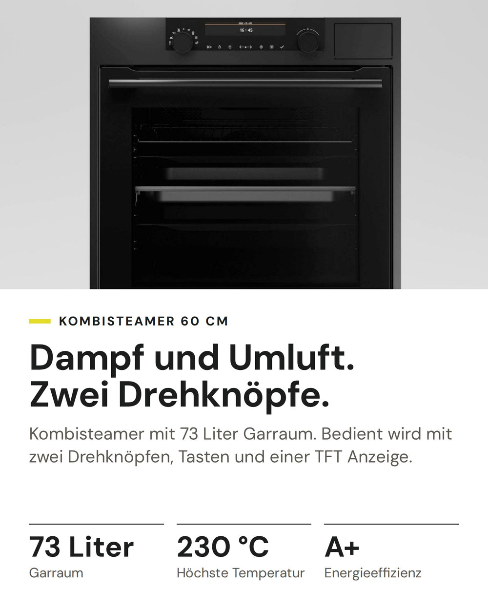 ASKO Kombisteamer OCS8687A1 auf einen Blick: Garraum 73 Liter, Höchste Temperatur 230 °C, Energieeffizienz A+