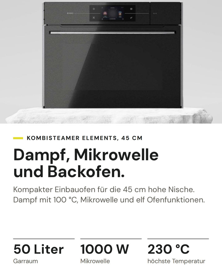 ASKO Kombisteamer mit Mikrowelle OCSM8478G auf einen Blick: Garraum 50 Liter, Mikrowelle 1000 W, höchste Temperatur 230 °C
