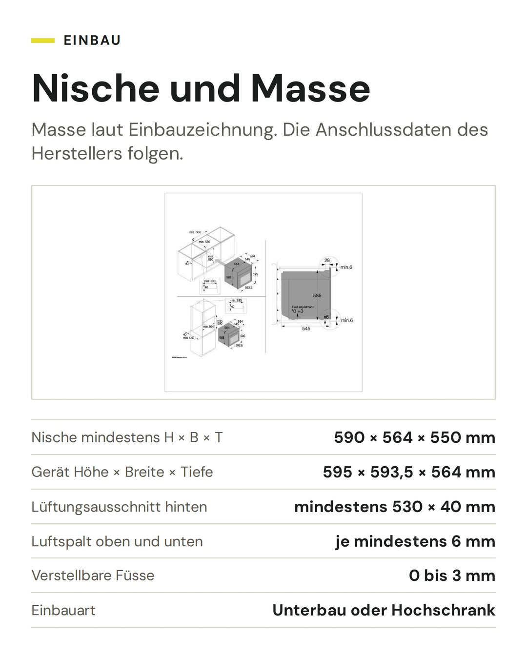 Nische und Masse ASKO Kombisteamer mit Mikrowelle OCSMP 86 BGH: Nische mindestens H × B × T 590 × 564 × 550 mm, Gerät Höhe × Breite × Tiefe 595 × 593,5 × 564 mm, Lüftungsausschnitt hinten mindestens 530 × 40 mm, Luftspalt oben und unten je mindestens 6 mm, Verstellbare Füsse 0 bis 3 mm, Einbauart Unterbau oder Hochschrank