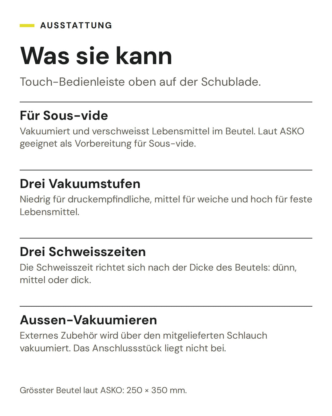 ASKO Vakuumierschublade ODV8128G: Für Sous-vide, Drei Vakuumstufen, Drei Schweisszeiten, Aussen-Vakuumieren