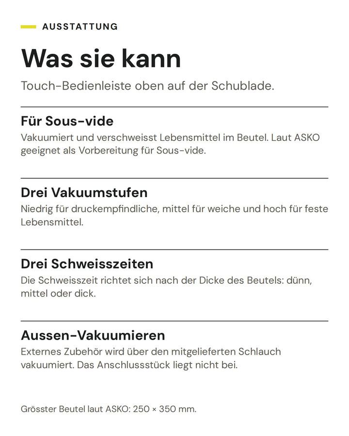 ASKO Vakuumierschublade ODV8128G: Für Sous-vide, Drei Vakuumstufen, Drei Schweisszeiten, Aussen-Vakuumieren