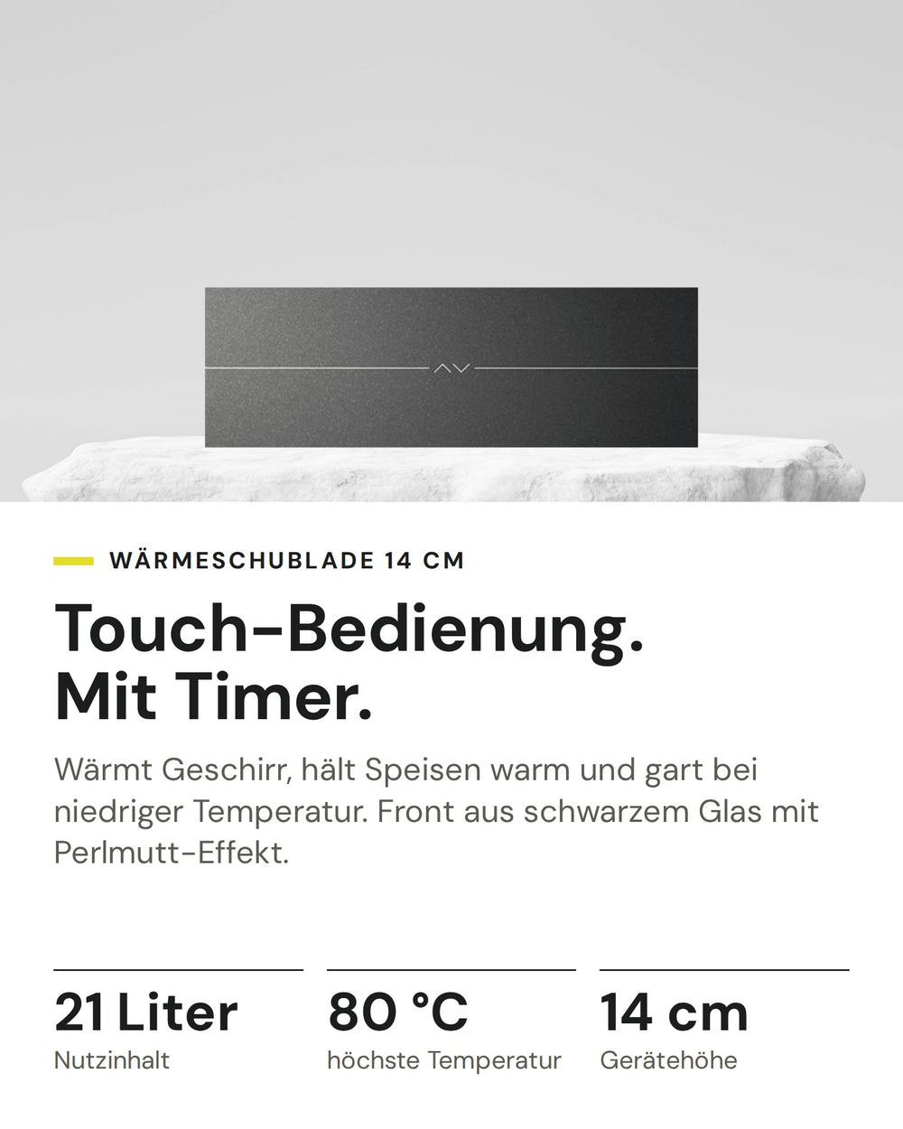 ASKO Wärmeschublade ODW 81 BG auf einen Blick: Nutzinhalt 21 Liter, höchste Temperatur 80 °C, Gerätehöhe 14 cm