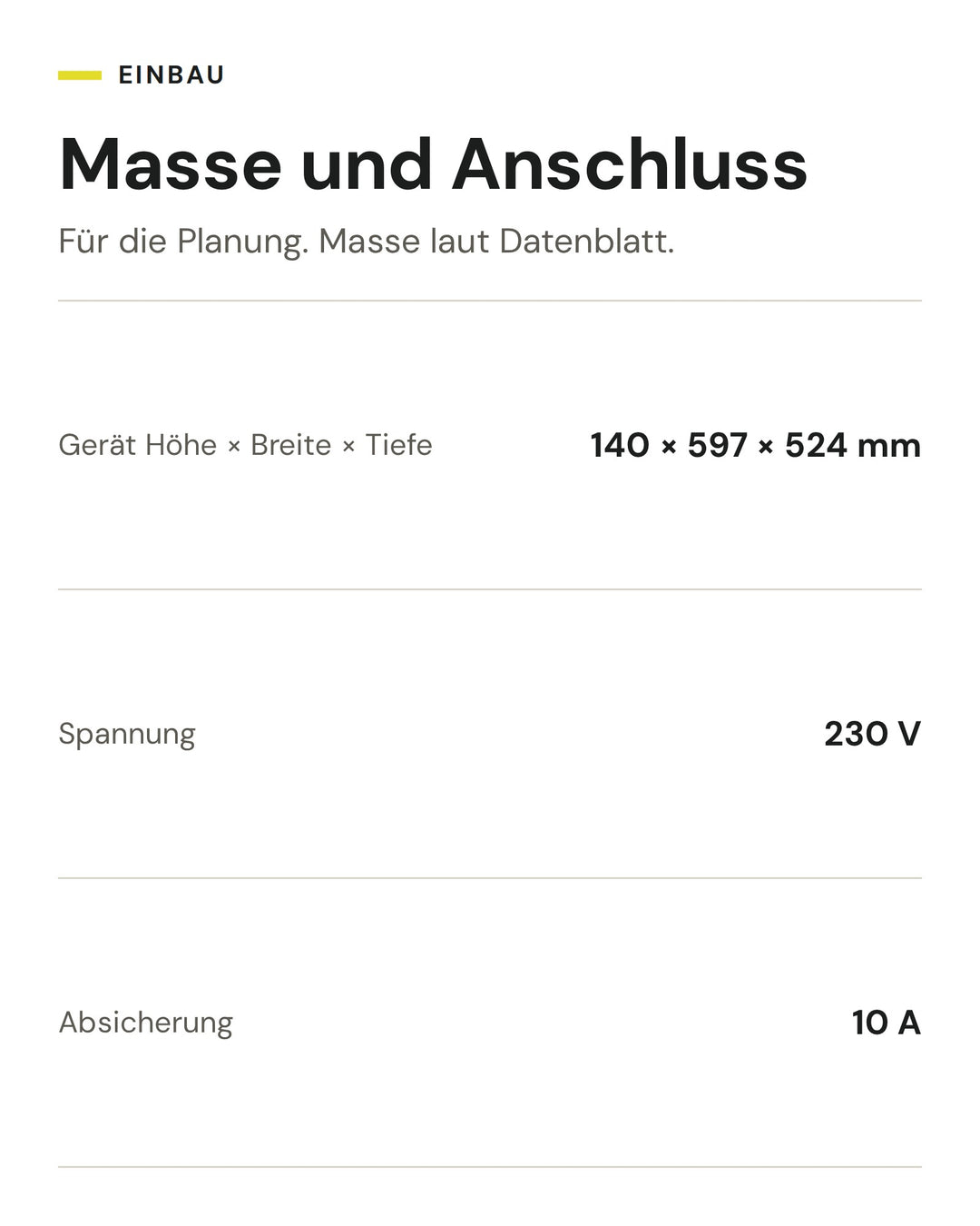 Masse und Anschluss ASKO Wärmeschublade ODW 81 BG: Gerät Höhe × Breite × Tiefe 140 × 597 × 524 mm, Spannung 230 V, Absicherung 10 A