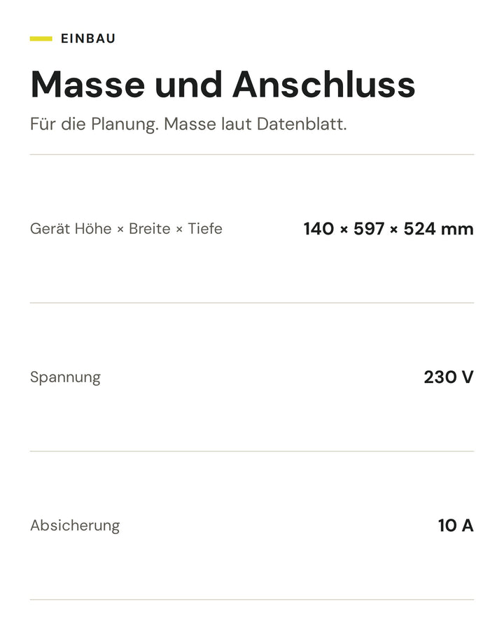 Masse und Anschluss ASKO Wärmeschublade ODW 81 BG: Gerät Höhe × Breite × Tiefe 140 × 597 × 524 mm, Spannung 230 V, Absicherung 10 A