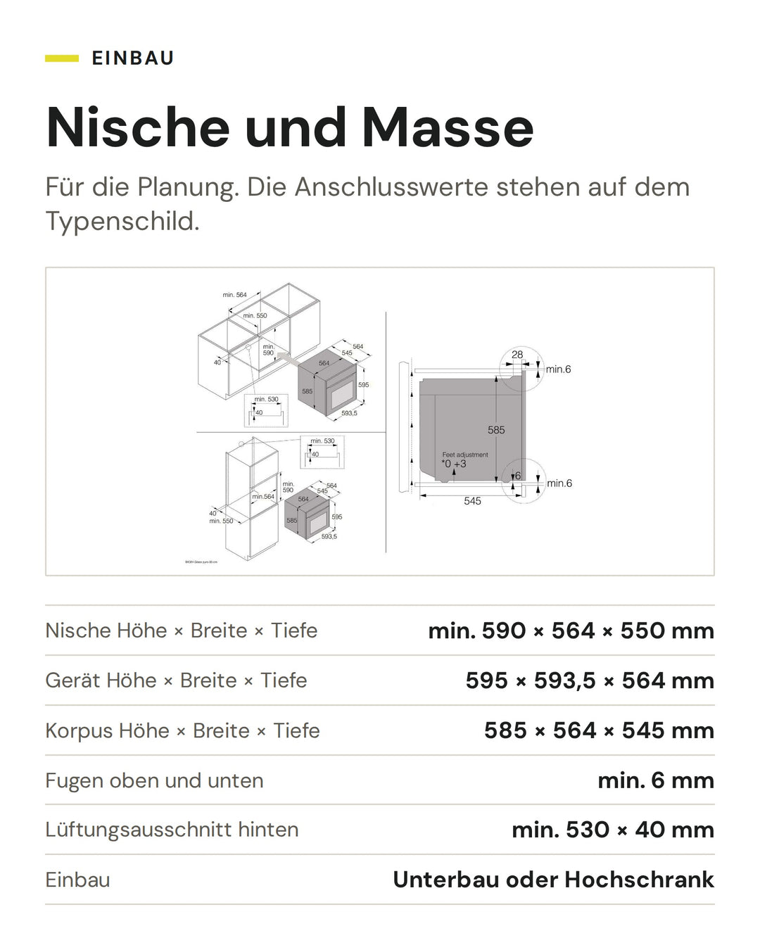 Nische und Masse ASKO Backofen OTP 56 BGH: Nische Höhe × Breite × Tiefe min. 590 × 564 × 550 mm, Gerät Höhe × Breite × Tiefe 595 × 593,5 × 564 mm, Korpus Höhe × Breite × Tiefe 585 × 564 × 545 mm, Fugen oben und unten min. 6 mm, Lüftungsausschnitt hinten min. 530 × 40 mm, Einbau Unterbau oder Hochschrank