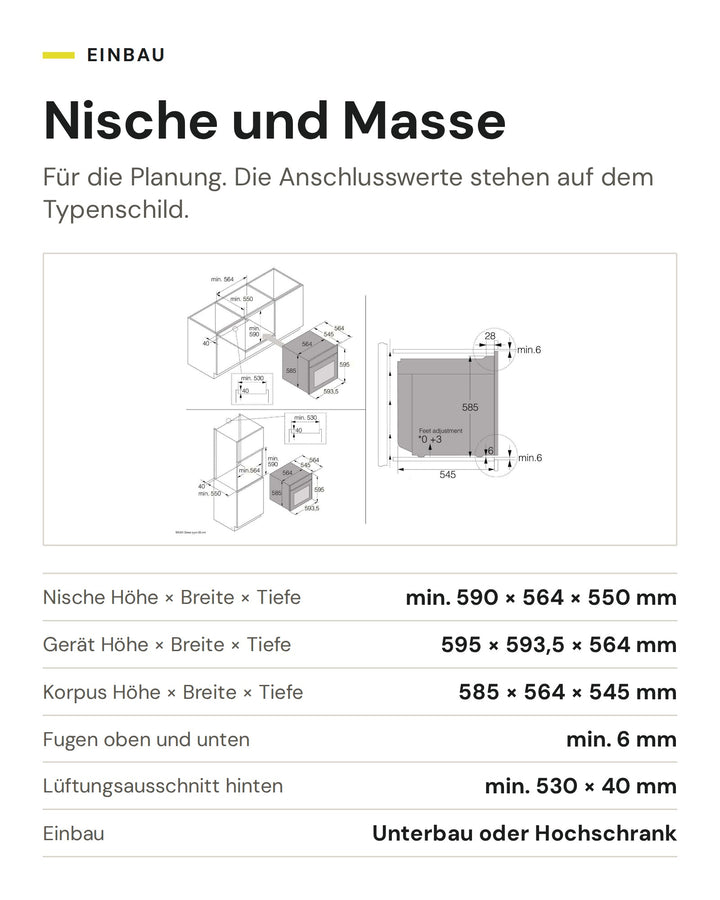 Nische und Masse ASKO Backofen OTP 56 BGH: Nische Höhe × Breite × Tiefe min. 590 × 564 × 550 mm, Gerät Höhe × Breite × Tiefe 595 × 593,5 × 564 mm, Korpus Höhe × Breite × Tiefe 585 × 564 × 545 mm, Fugen oben und unten min. 6 mm, Lüftungsausschnitt hinten min. 530 × 40 mm, Einbau Unterbau oder Hochschrank