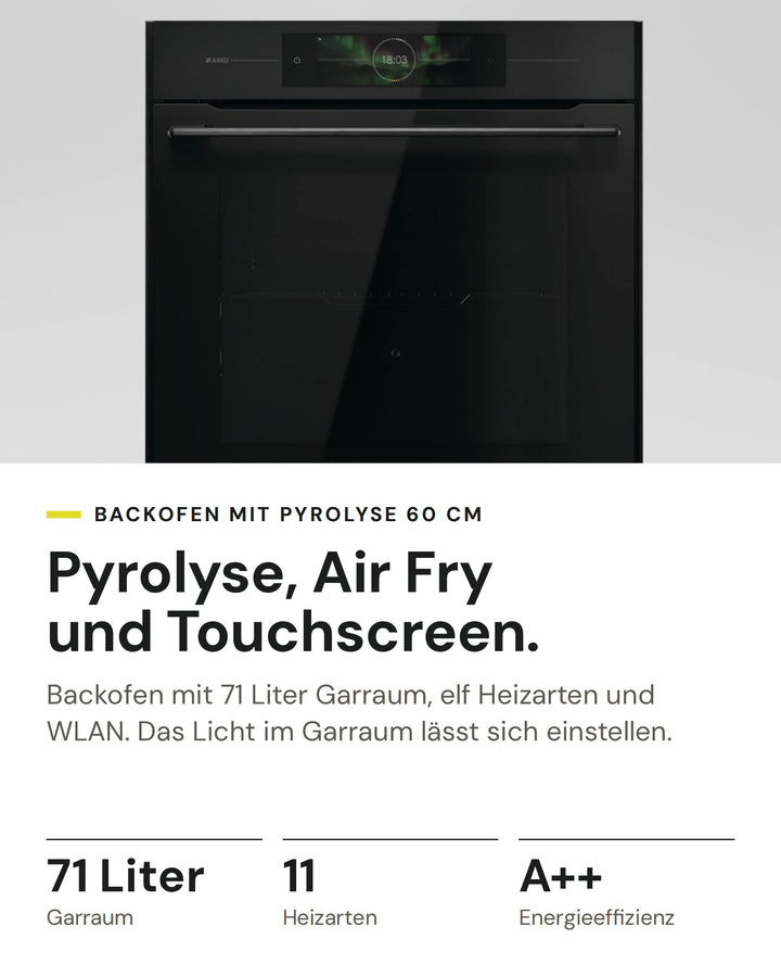 ASKO Backofen OTP 86 BGH auf einen Blick: Garraum 71 Liter, Heizarten 11, Energieeffizienz A++