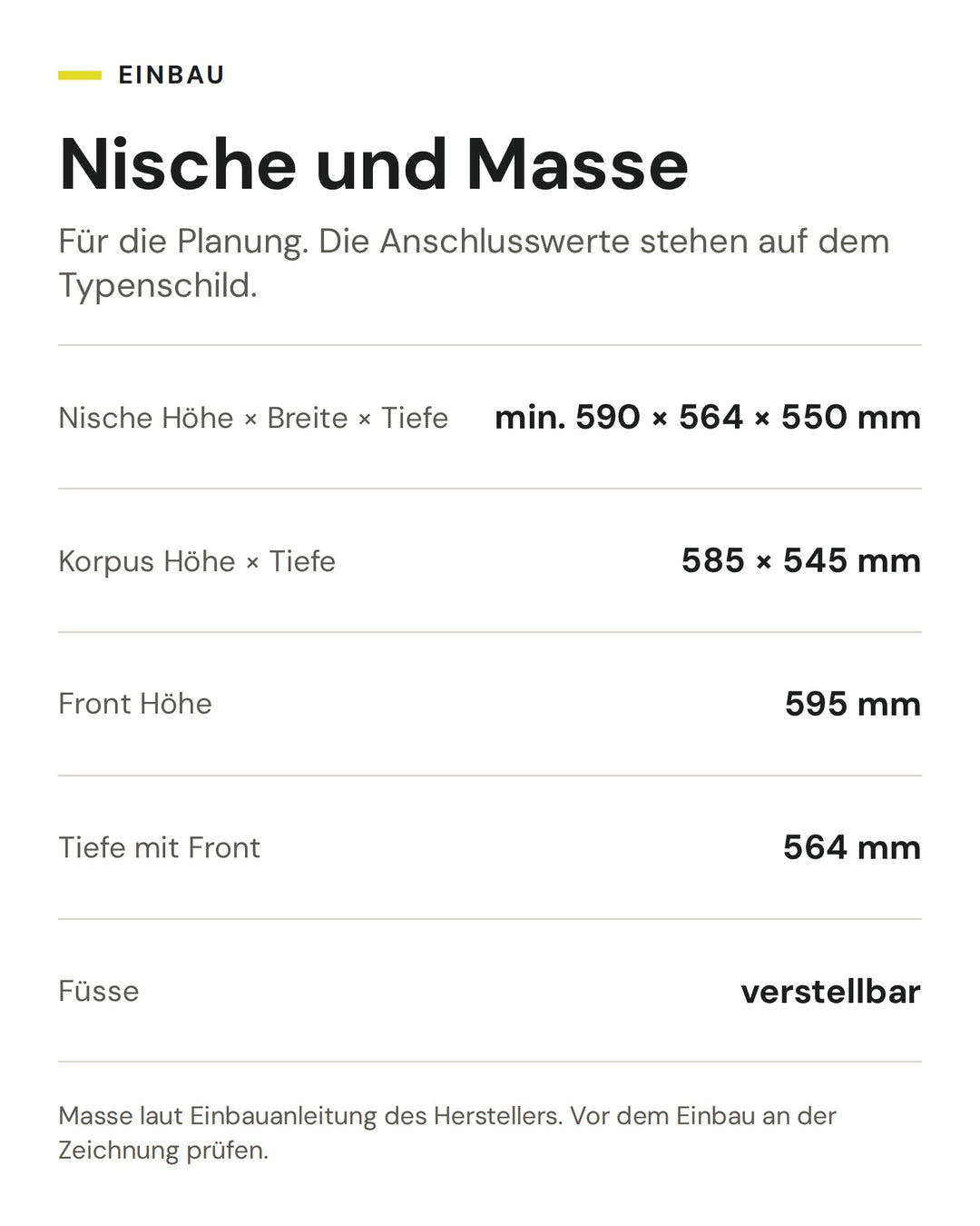 Nische und Masse ASKO Backofen OTP 86 BGH: Nische Höhe × Breite × Tiefe min. 590 × 564 × 550 mm, Korpus Höhe × Tiefe 585 × 545 mm, Front Höhe 595 mm, Tiefe mit Front 564 mm, Füsse verstellbar