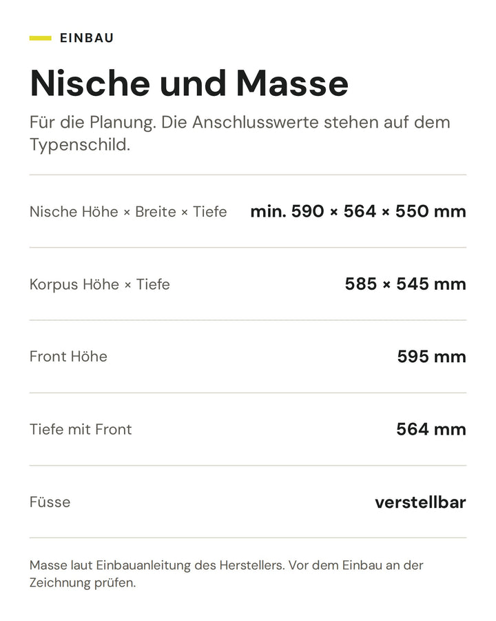 Nische und Masse ASKO Backofen OTP 86 BGH: Nische Höhe × Breite × Tiefe min. 590 × 564 × 550 mm, Korpus Höhe × Tiefe 585 × 545 mm, Front Höhe 595 mm, Tiefe mit Front 564 mm, Füsse verstellbar