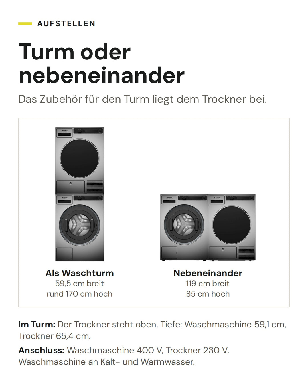 ASKO Professional Set WMC 6743PB T und TDC 1771H T als Waschturm (59,5 cm breit, rund 170 cm hoch) oder nebeneinander (119 cm breit, 85 cm hoch)