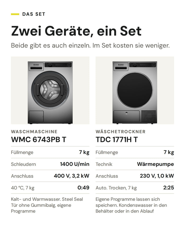 Die zwei Geräte im ASKO Professional Set: Waschmaschine WMC 6743PB T (Füllmenge 7 kg, Schleudern 1400 U/min, Anschluss 400 V, 3,2 kW, 40 °C, 7 kg 0:49) und Wäschetrockner TDC 1771H T (Füllmenge 7 kg, Technik Wärmepumpe, Anschluss 230 V, 1,0 kW, Auto. Trocken, 7 kg 2:25)