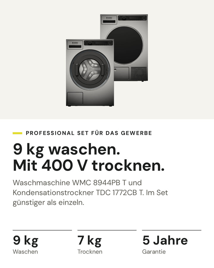 ASKO Professional Set auf einen Blick: Waschmaschine WMC 8944PB T mit 9 kg und Kondensationstrockner TDC 1772CB T mit 7 kg, im Set günstiger als einzeln