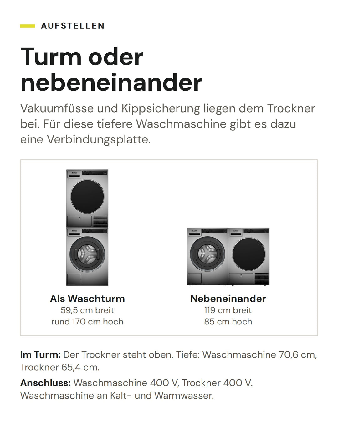 ASKO Professional Set WMC 8944PB T und TDC 1772CB T als Waschturm (59,5 cm breit, rund 170 cm hoch) oder nebeneinander (119 cm breit, 85 cm hoch)