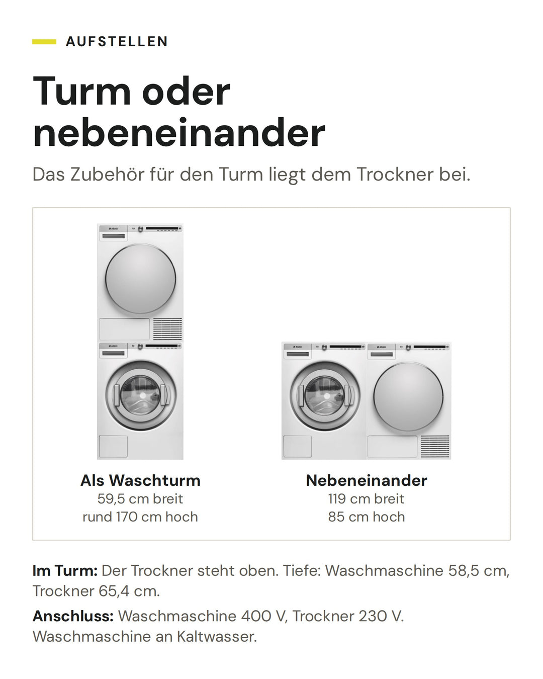 ASKO Professional Set WMC6863P.W/1 und TDC 1781H W/1 als Waschturm (59,5 cm breit, rund 170 cm hoch) oder nebeneinander (119 cm breit, 85 cm hoch)
