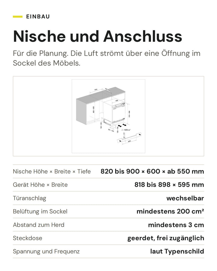 Nische und Anschluss ASKO Kühlschrank R 22881 I: Nische Höhe × Breite × Tiefe 820 bis 900 × 600 × ab 550 mm, Gerät Höhe × Breite 818 bis 898 × 595 mm, Türanschlag wechselbar, Belüftung im Sockel mindestens 200 cm², Abstand zum Herd mindestens 3 cm, Steckdose geerdet, frei zugänglich, Spannung und Frequenz laut Typenschild
