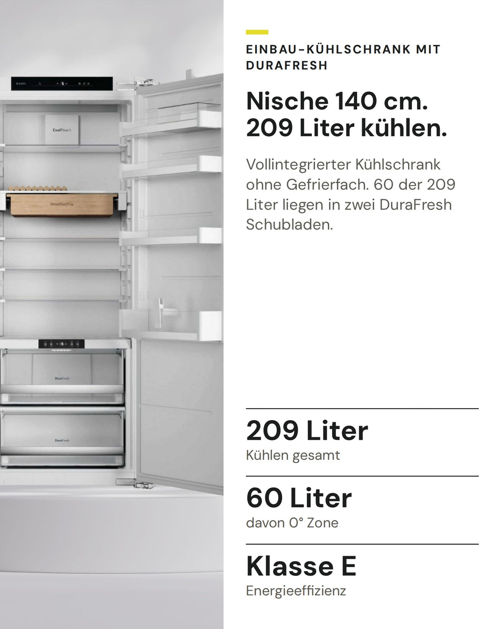 ASKO Kühlschrank R 31442 I auf einen Blick: Kühlen gesamt 209 Liter, davon 0° Zone 60 Liter, Energieeffizienz Klasse E