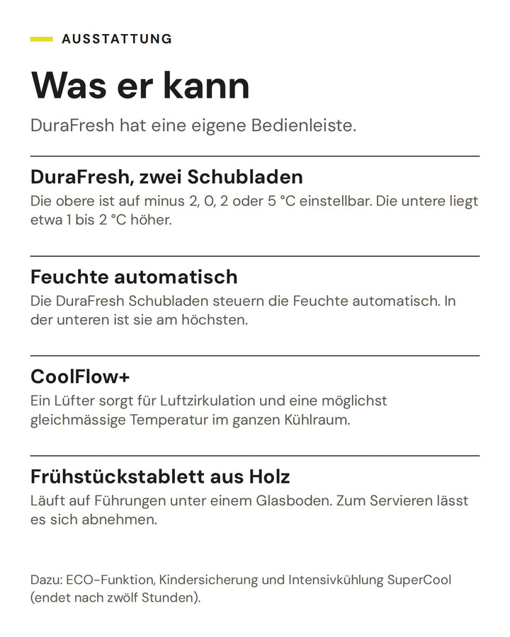 ASKO Kühlschrank R 31442 I: DuraFresh, zwei Schubladen, Feuchte automatisch, CoolFlow+, Frühstückstablett aus Holz