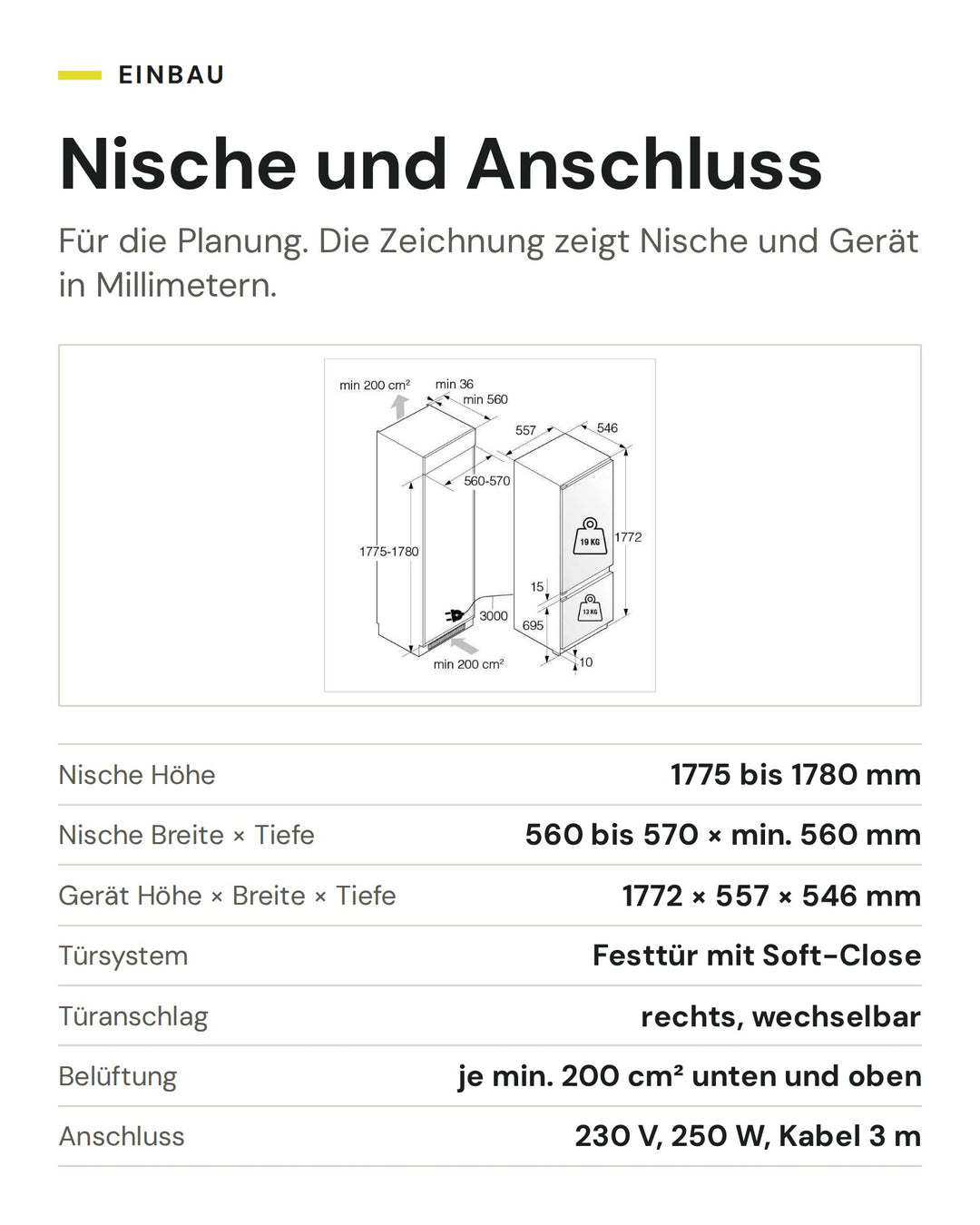 Nische und Anschluss ASKO Kühl-Gefrier-Kombination RBC 276 DNC1: Nische Höhe 1775 bis 1780 mm, Nische Breite × Tiefe 560 bis 570 × min. 560 mm, Gerät Höhe × Breite × Tiefe 1772 × 557 × 546 mm, Türsystem Festtür mit Soft-Close, Türanschlag rechts, wechselbar, Belüftung je min. 200 cm² unten und oben, Anschluss 230 V, 250 W, Kabel 3 m