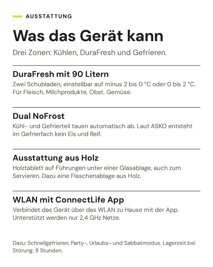 ASKO Kühl-Gefrier-Kombination RBC 597 SND1: DuraFresh mit 90 Litern, Dual NoFrost, Ausstattung aus Holz, WLAN mit ConnectLife App