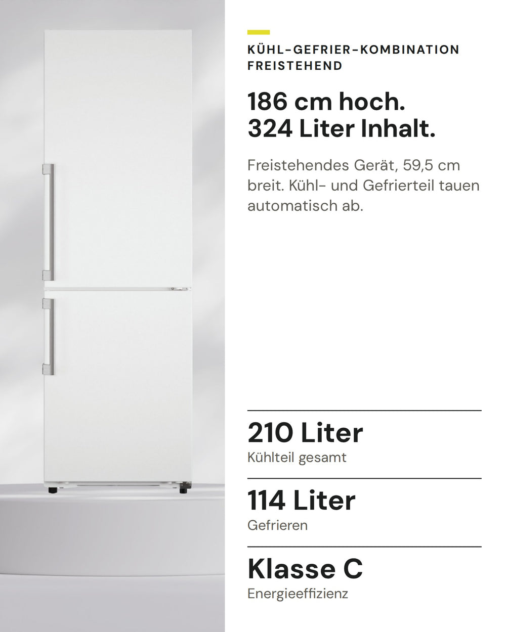ASKO Kühl-Gefrier-Kombination RFC 186 KNCW1 auf einen Blick: Kühlteil gesamt 210 Liter, Gefrieren 114 Liter, Energieeffizienz Klasse C
