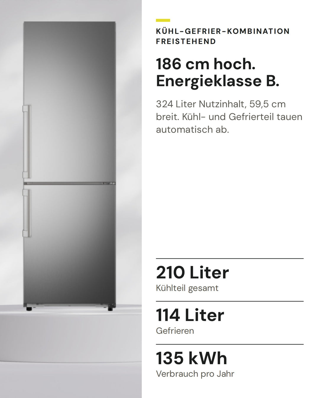 ASKO Kühl-Gefrier-Kombination RFC 286 KNBS1 auf einen Blick: Kühlteil gesamt 210 Liter, Gefrieren 114 Liter, Verbrauch pro Jahr 135 kWh