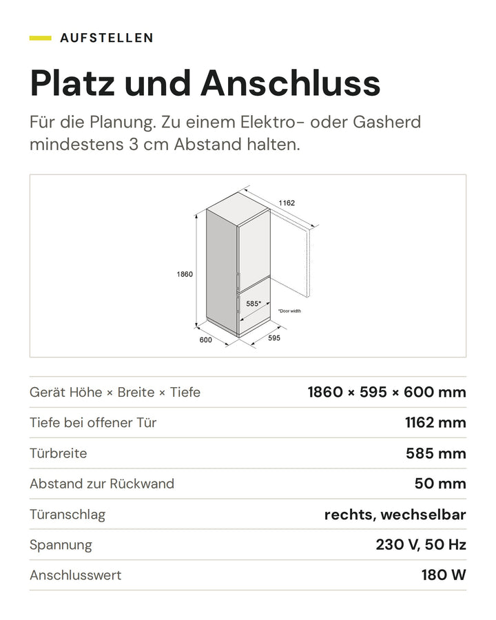 Platz und Anschluss ASKO Kühl-Gefrier-Kombination RFC 286 KNBS1: Gerät Höhe × Breite × Tiefe 1860 × 595 × 600 mm, Tiefe bei offener Tür 1162 mm, Türbreite 585 mm, Abstand zur Rückwand 50 mm, Türanschlag rechts, wechselbar, Spannung 230 V, 50 Hz, Anschlusswert 180 W